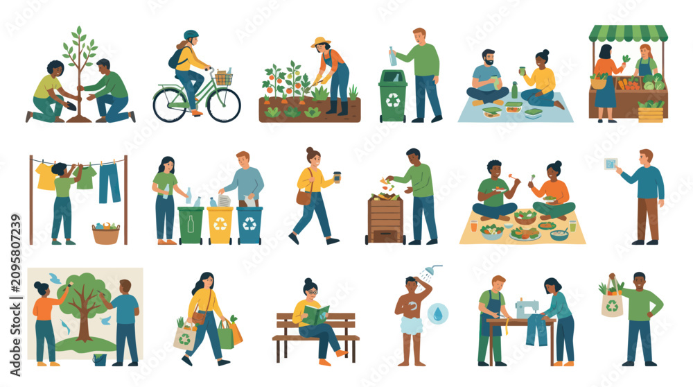 Fototapeta premium Eco-Friendly Sustainable Living Flat Vector Illustration. People Practicing Green Lifestyle and Environmental Care.