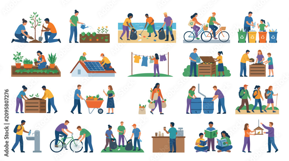 Fototapeta premium Flat Vector Illustrations of People Practicing Sustainable and Eco-Friendly Community Activities