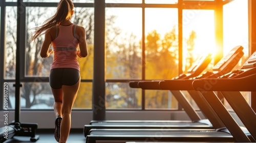 Woman running on treadmill in gym at sunset.