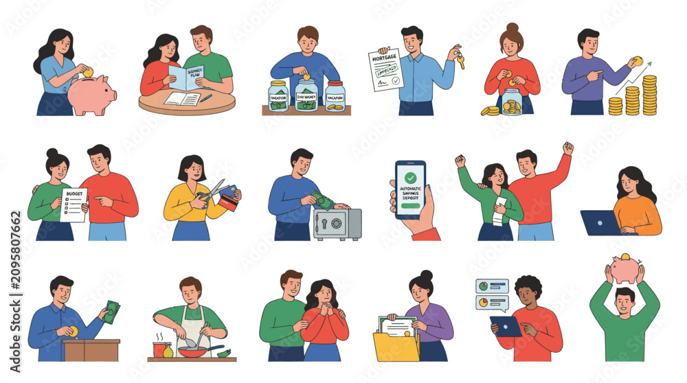 Fototapeta premium Flat Style Vector Icons of Finance and Saving Concepts - People with Piggy Bank, Money, Documents