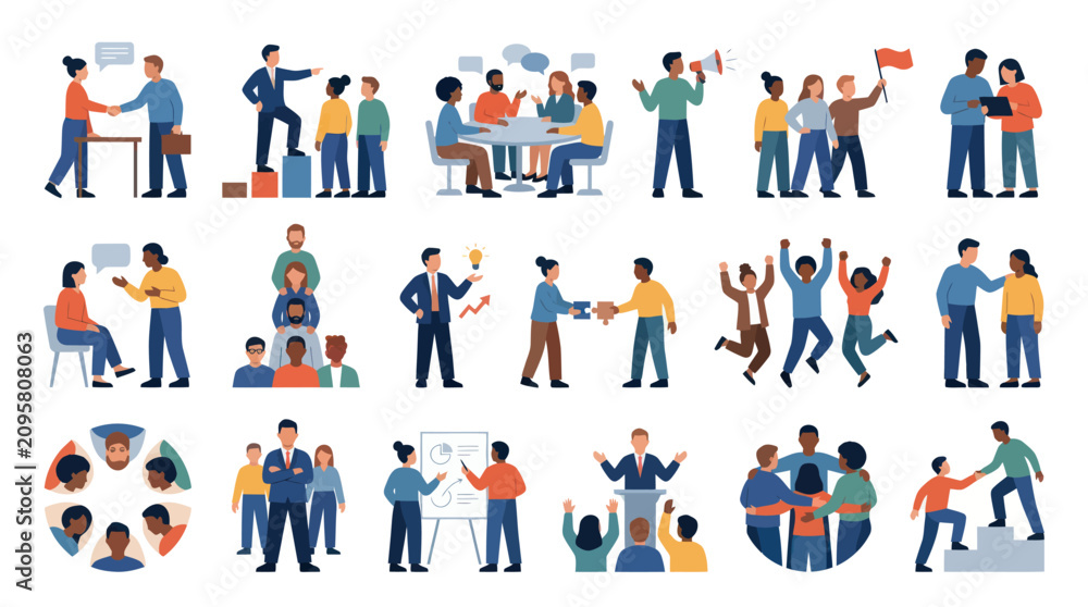 Fototapeta premium Flat Business Teamwork Leadership Communication Concepts Vector Illustrations Set