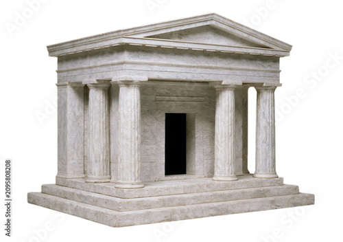 Classical greek temple facade with columns and pediment, white marble structure, isolated on a transparent background