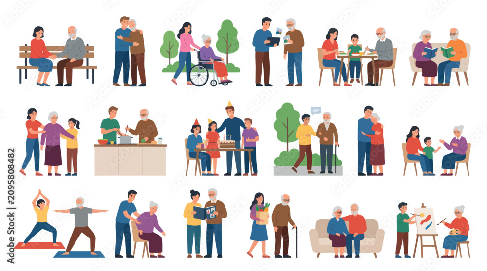 Fototapeta premium Intergenerational Support Flat Vector Illustration Set for Senior Care. Young Adults Helping and Caring for Elderly People.