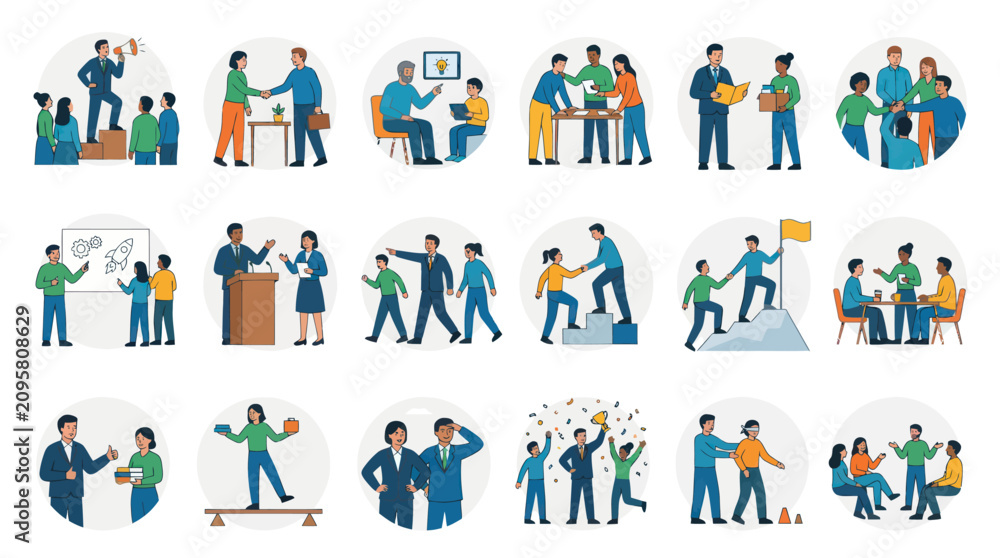 Fototapeta premium Business Teamwork Flat Vector Icons: Collaboration, Success, Strategy, Meeting, Leadership
