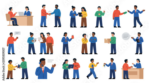 Diverse business people in flat design style interacting and working