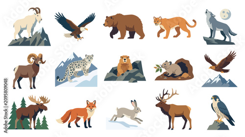 Flat Vector Illustration of Diverse Wild Mountain Animals Collection, Nature Wildlife Mammals and Birds Icons
