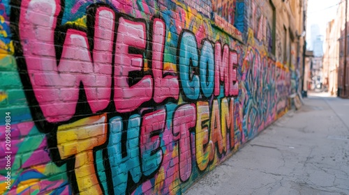 Colorful graffiti on brick wall welcome the team