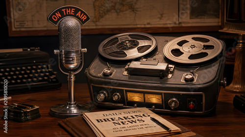 Vintage radio broadcasting studio with reel to reel recorder