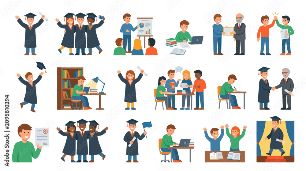 Fototapeta premium Education and Graduation Flat Vector Illustration Set. Academic Students Learning, Success, and Diploma Ceremony