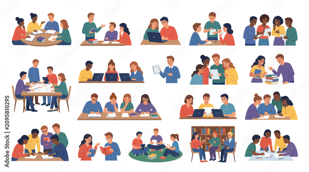 Naklejka premium Diverse Students Studying Together, Collaboration, Education Flat Vector Art