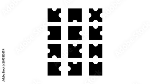 Twelve Distinct Black Puzzle Pieces Arranged in a Grid Pattern, Conceptual Graphic Design. Featuring Piece, Connect, Connection with Join