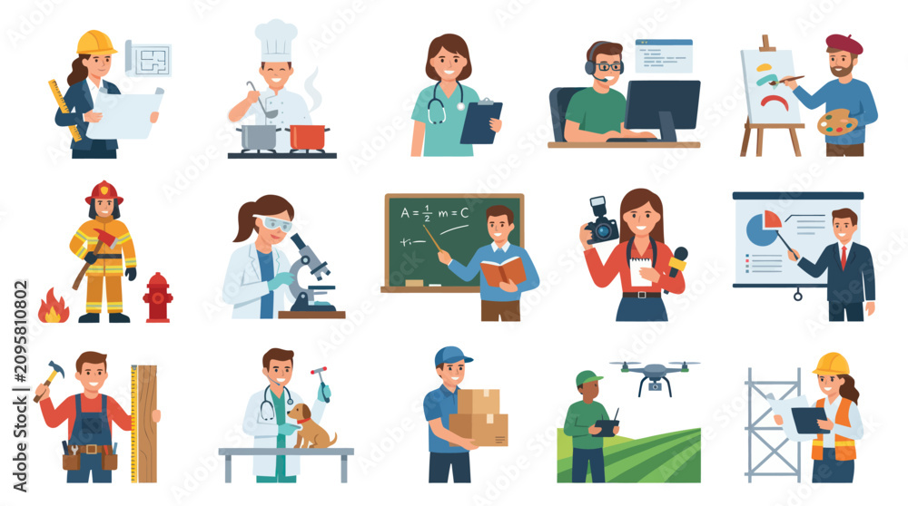 Fototapeta premium Diverse Professions and Occupations Flat Design Vector Characters Set. People Working in Various Industries.