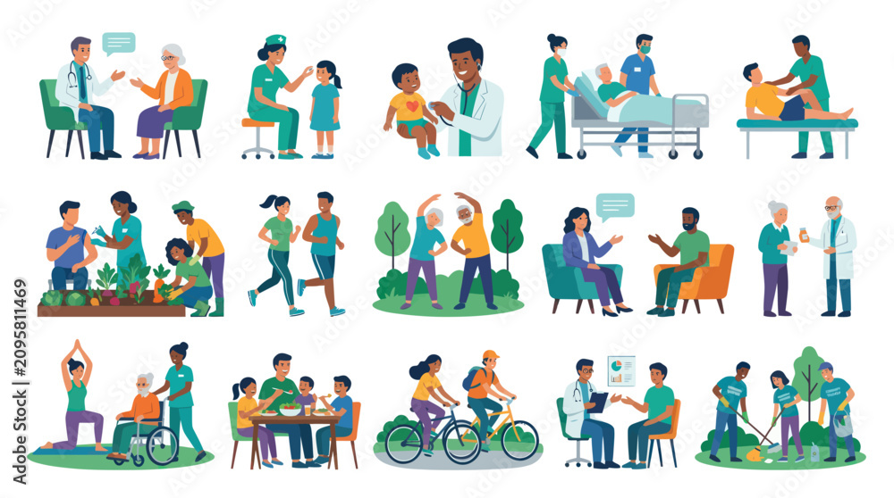 Fototapeta premium Flat Illustration: Diverse Healthcare Wellness Scenes, Medical, Exercise, Family Care