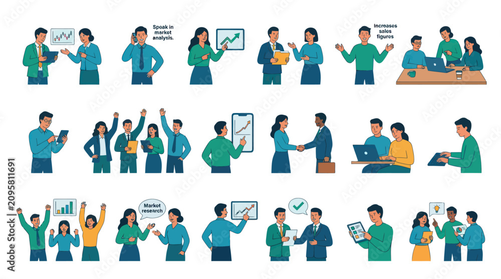 Fototapeta premium Modern Flat Business People Teamwork Strategy Vector Set: Marketing, Analysis, Success, Collaboration