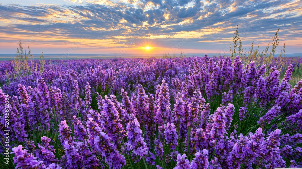 Fototapeta premium Purple lavender field under dramatic sunset clouds.