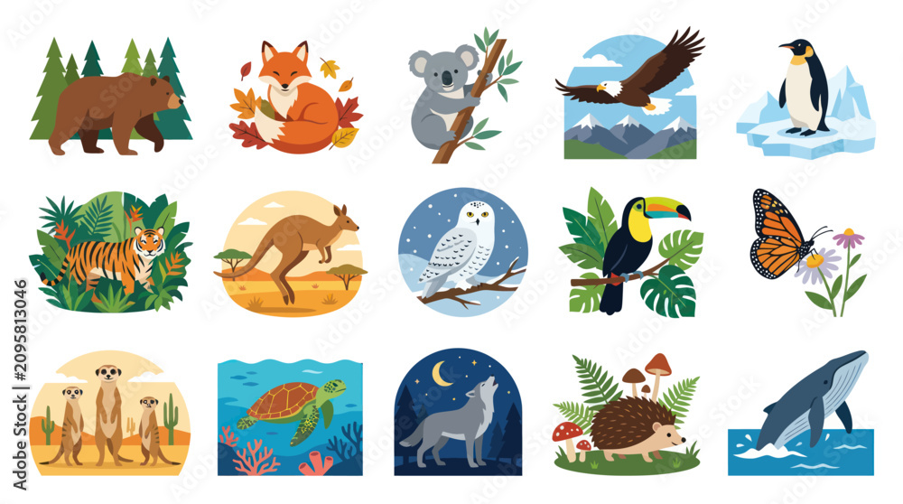 Obraz premium Flat Vector Illustration Set of Diverse Wildlife Animals. Nature, Habitats Species Collection Graphic.