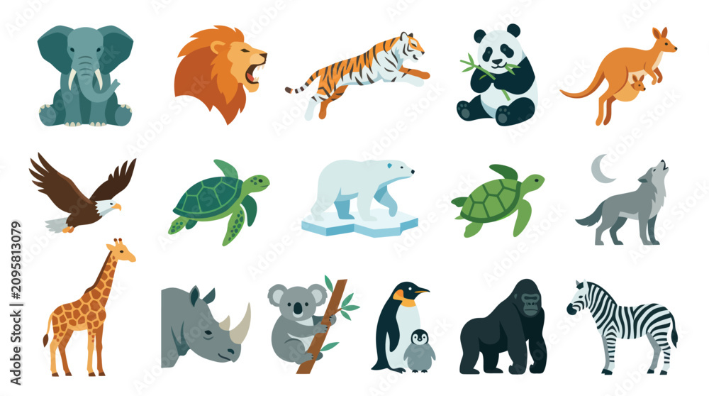Obraz premium Cute Flat Vector Wild Animals Set for Kids Education and Wildlife Conservation