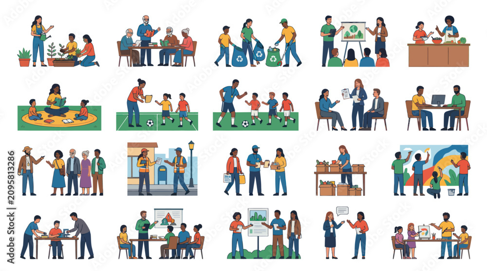 Fototapeta premium Community engagement, volunteering, education, and teamwork flat vector illustration set. Diverse people helping and learning.