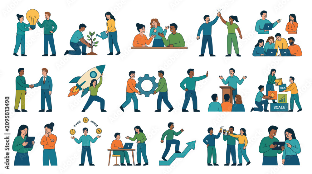 Fototapeta premium Flat Vector Illustration of Business People Collaborating, Growing Ideas, and Achieving Success