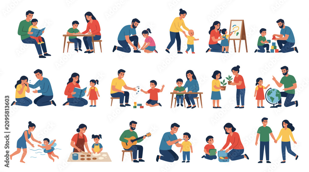Fototapeta premium Flat Vector Illustrations of Parenting, Education Childcare. Parents Teaching, Playing, and Caring for Children.