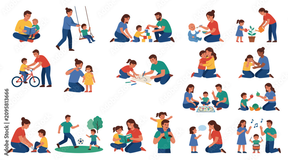 Fototapeta premium Flat Style Illustration of Parents and Children Enjoying Various Activities Together