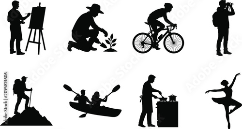 Foto Collection of diverse people engaged in various hobbies and activities silhouett