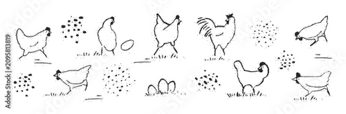 Set of handdrawn chickens and eggs, farm animals collection, poultry sketches