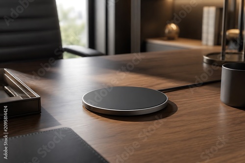 A sleek, modern wireless charging pad sits on a polished wooden desk in a sophisticated office setting.