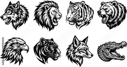 Foto Collection of Fierce Wild Animal Head Logos in Black and White Tribal Illustrati