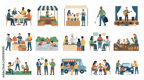 Community Activities  Social Gatherings: Flat Vector Illustration of People Volunteering, Local Events,  Lifestyle