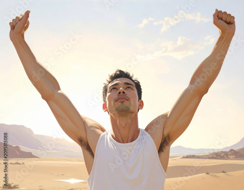 Man reaching arms sky