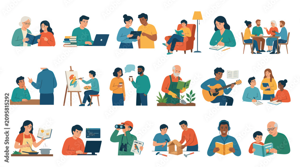 Fototapeta premium Flat Style Vector Icons: Diverse People Engaging in Learning, Hobbies, and Daily Activities