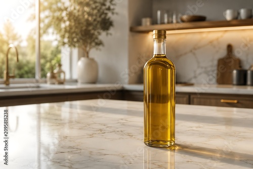 A clear glass bottle filled with golden olive oil sits on a marble countertop in a sunlit kitchen.