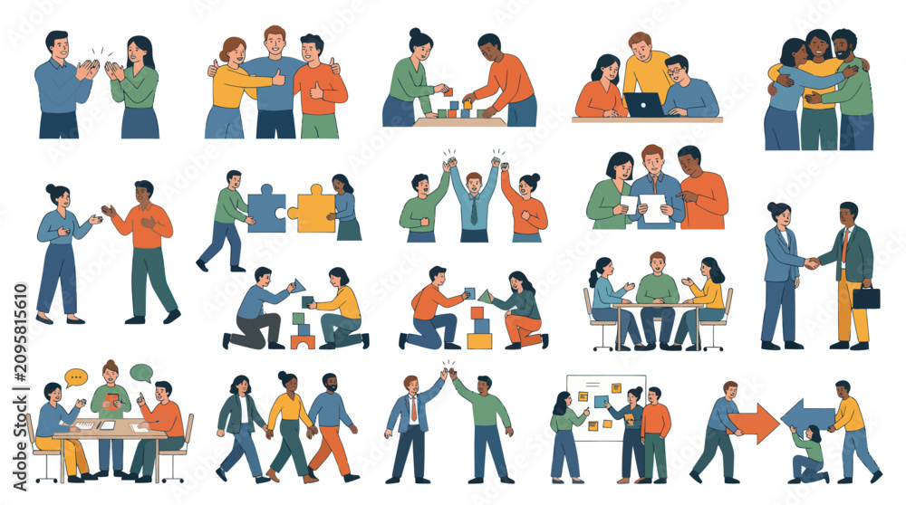 Fototapeta premium Business Teamwork and Collaboration Flat Vector Illustrations Set for Problem Solving and Partnership Concepts