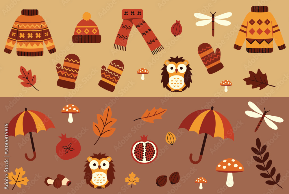 Fototapeta premium Cute autumn elements collection split into warm yellow and cozy brown panels with sweaters, owls, and mushrooms.