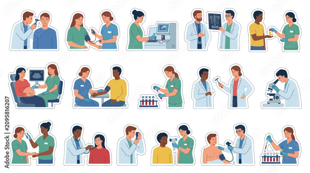 Fototapeta premium Flat illustration of medical professionals in action, diverse healthcare workers