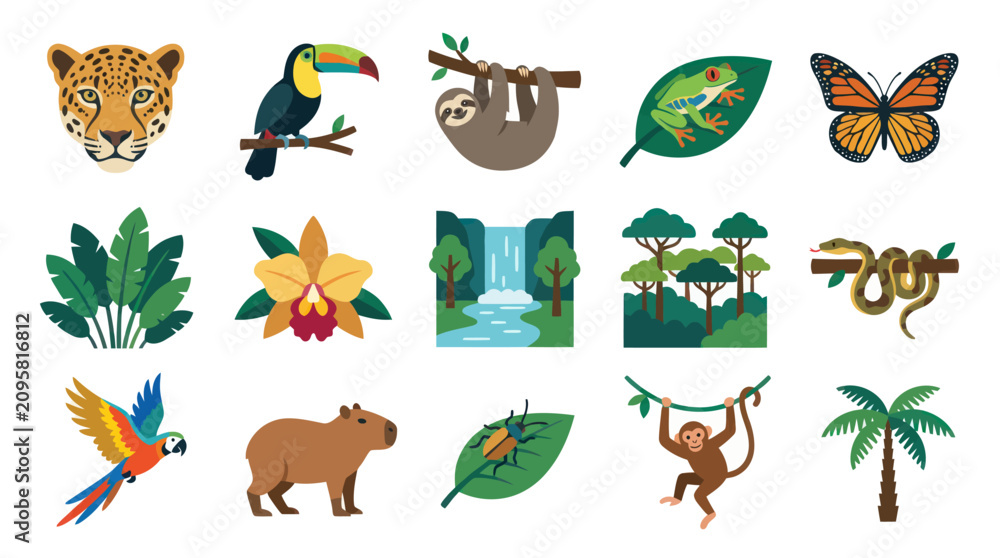 Fototapeta premium Flat Vector Illustration Set of Tropical Rainforest Animals and Plants Icons - Jungle Wildlife Ecosystem Elements