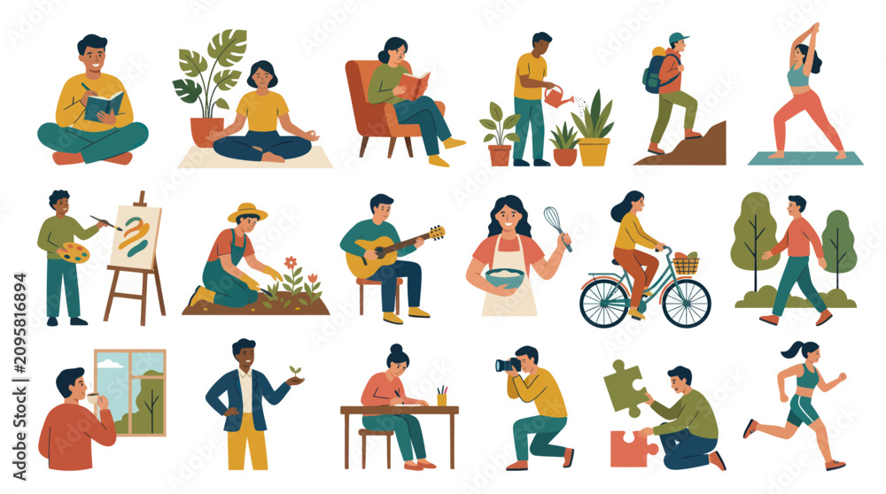 Fototapeta premium Modern Flat Vector Illustration of People Enjoying Lifestyle Hobbies, Wellness, and Self-Care Activities Collection