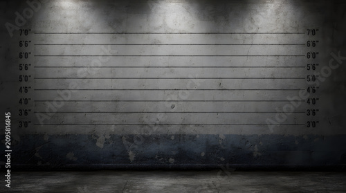 Dark police lineup wall background with height chart markers