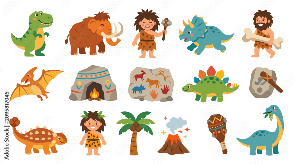 Obraz premium Prehistoric Stone Age Dinosaurs and Cavemen Flat Vector Cartoon Icons Collection