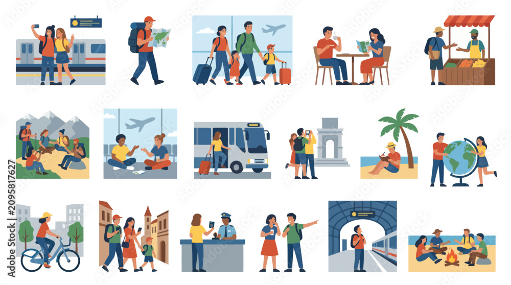 Fototapeta premium Collection of Flat Cartoon Vector Illustrations: People Enjoying Diverse Travel Tourism Scenes