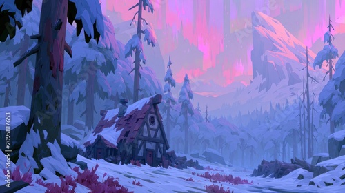 Artistic illustration of a cottage in snowy mountains.