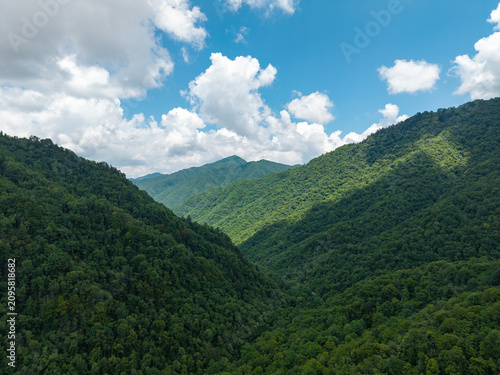 Lush green mountains stretch under white clouds in Shennongjia National Park
