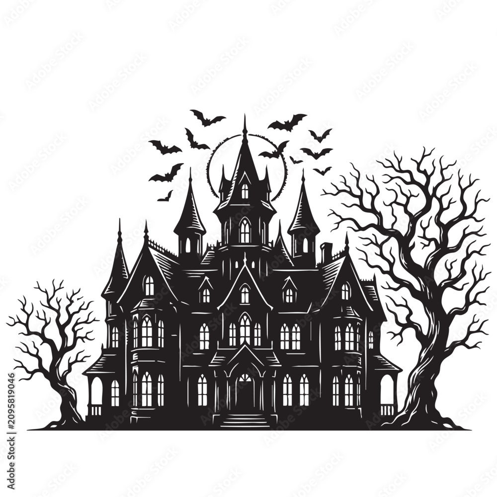 Fototapeta premium Detailed haunted house illustration with bare trees and bats black silhouette on transparent background spooky castle