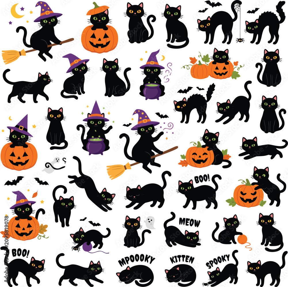 Fototapeta premium Cute Halloween Cartoon Icons Set with Pumpkin Ghost Bat Black Cat Witch Hat Spider Skull and Spooky Monster Vector Illustration for Autumn Holiday Design Collection