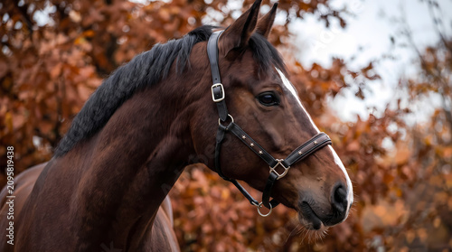 Close-up portrait of a majestic brown horse with a bridle, standing outdoors amidst autumn foliage