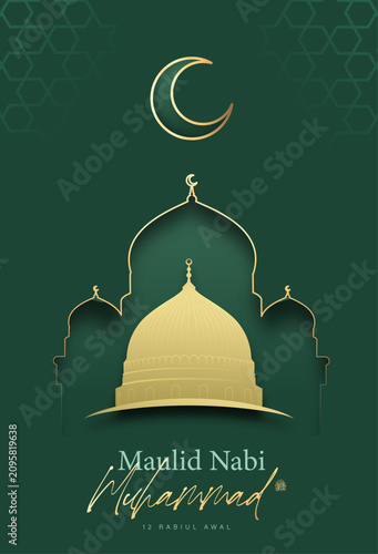 Obraz na płótnie Milad un Nabi Poster with Golden Mosque Dome, Crescent Moon, Islamic Arch Silhou