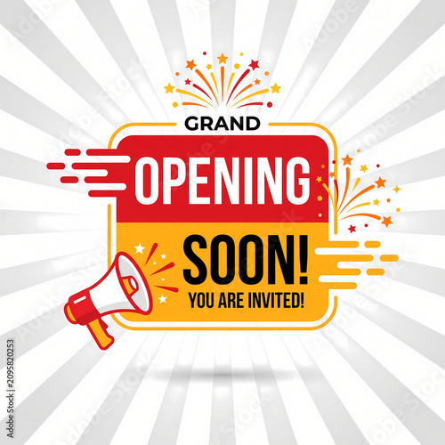Grand Opening Soon Invitation with Megaphone and Fireworks