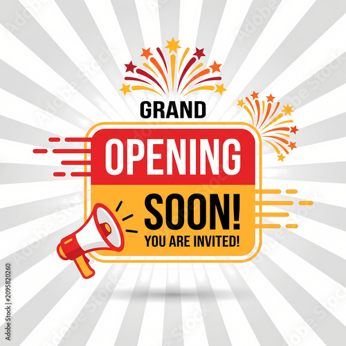 Grand Opening Soon Sign with Megaphone and Fireworks
