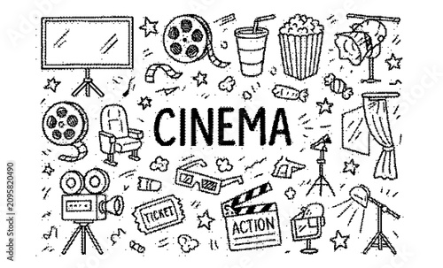 Hand drawn cinema and movie doodle set